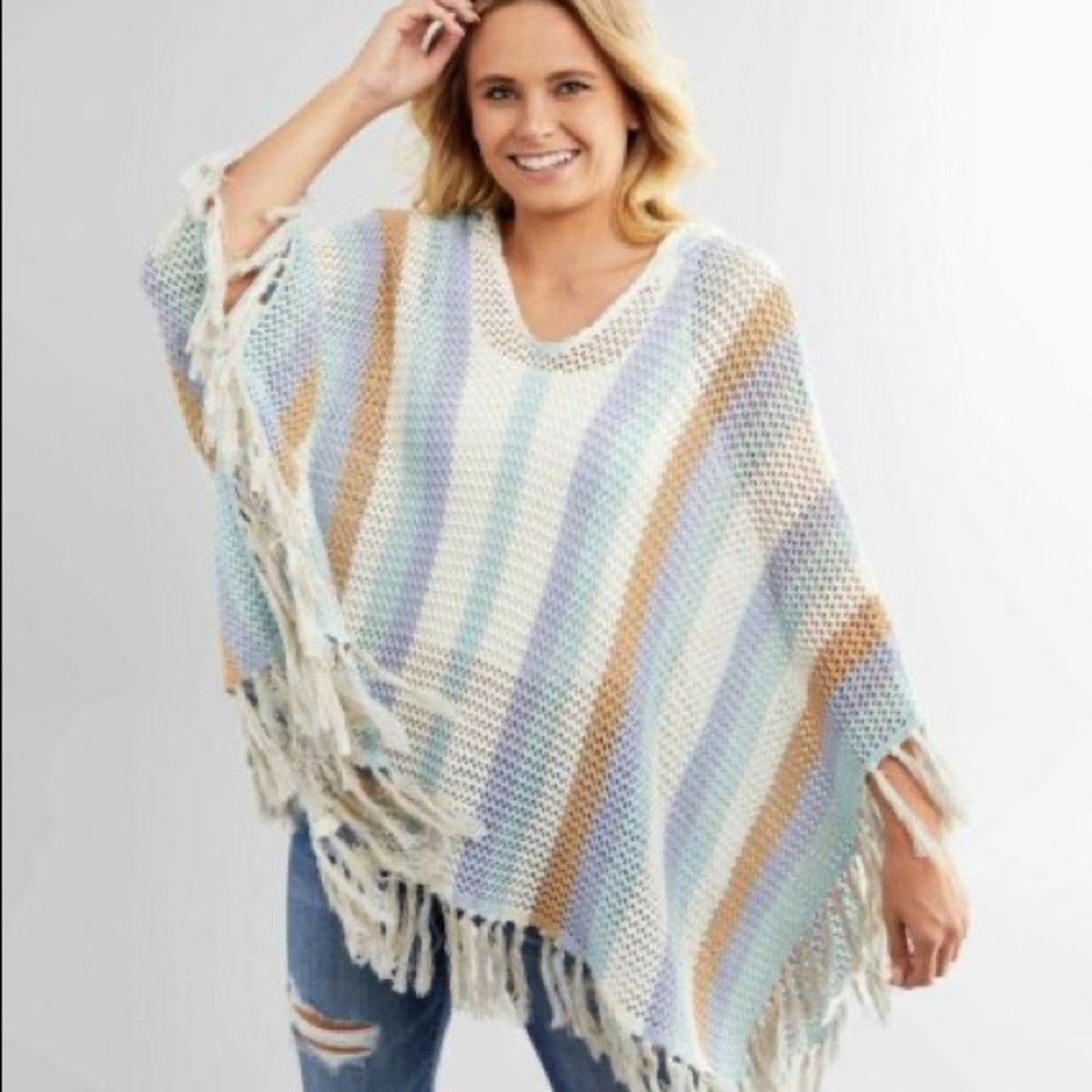 Miss Me Open Weave Hooded Stripe Fringe Poncho Sweater V-Neck Women's size M/L